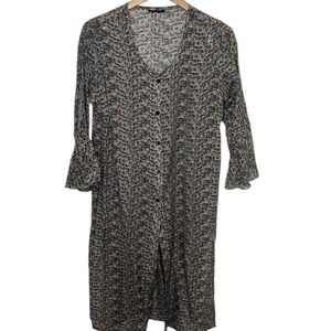 Isabella Rossi Sheer Floral Long Bell Sleeve Button Up Cover Up Women Size 10